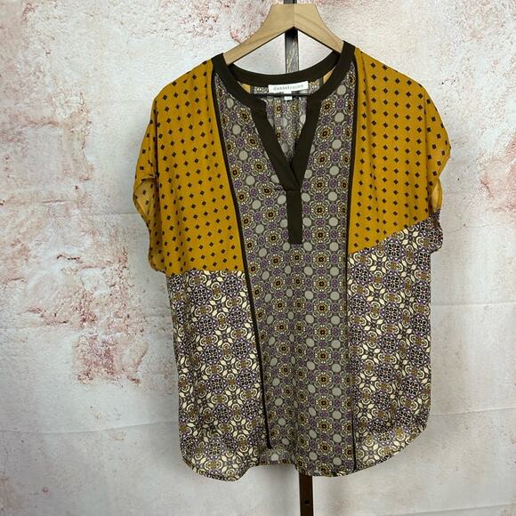 DANIEL RAINN patchwork boho artisan tunic top size L global mixed print shirt - Picture 1 of 4